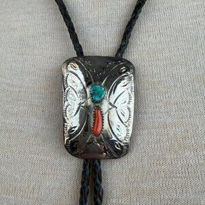 Vintage Native American Sterling Silver Butterfly Turquoise & Coral Bolo Tie